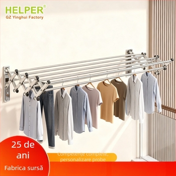 Uscător de haine montat pe perete, telescopic, din oțel inoxidabil și aliaj de aluminiu, pliabil