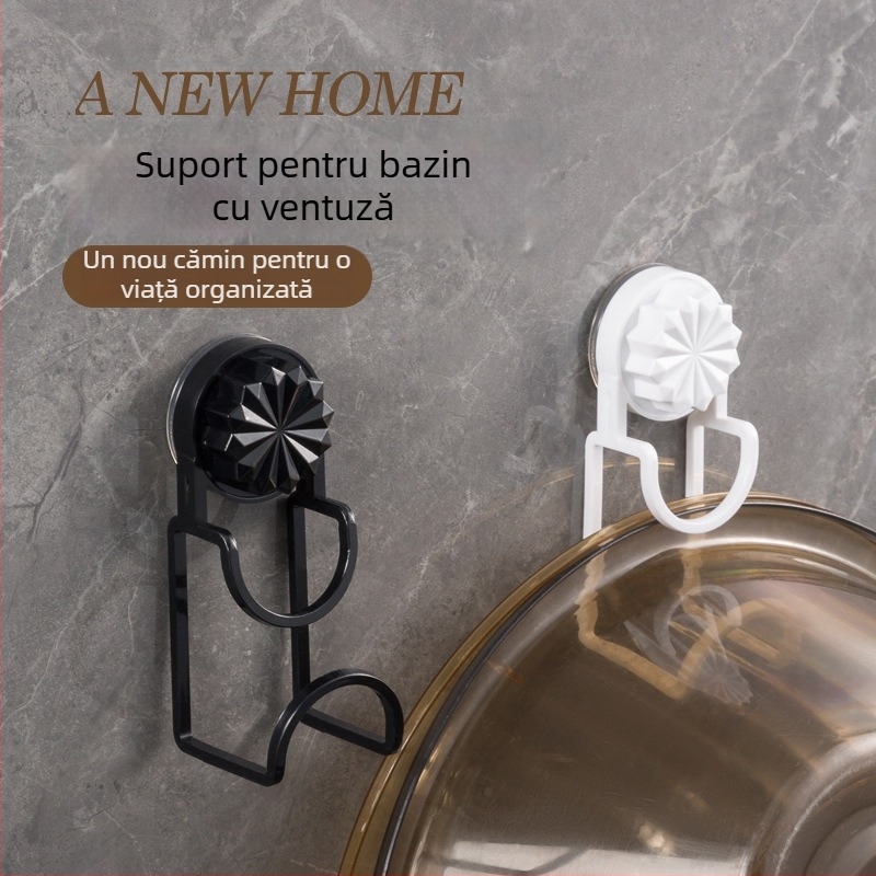 Cârlig cu ventuză pentru chiuveta de baie — plastic, încărcare 3 kg, 1 etajeră, montaj pe perete