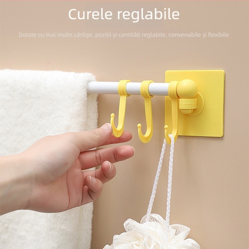 Suport de prosoape în colț, set din două piese, 6 cârlige, montaj pe perete, fără găuri, construcție turnată prin injecție din plastic, fier și PP