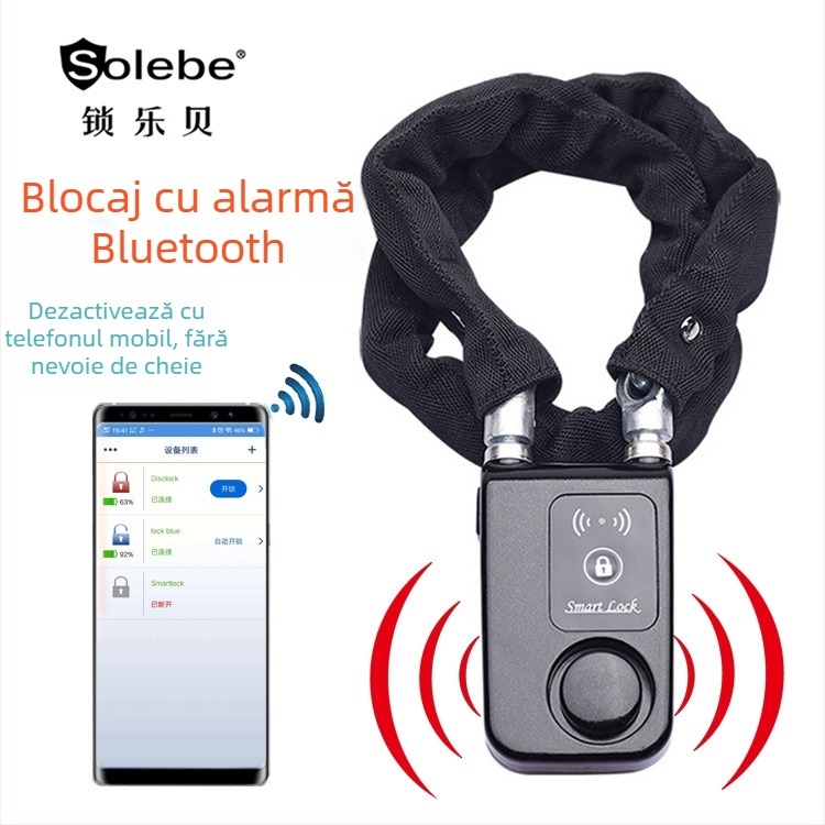 Lacăt cu lanț Bluetooth, fără cheie, pentru biciclete electrice și motociclete — construcție din plastic, oțel mangan și oțel inoxidabil; alarmă Bluetooth