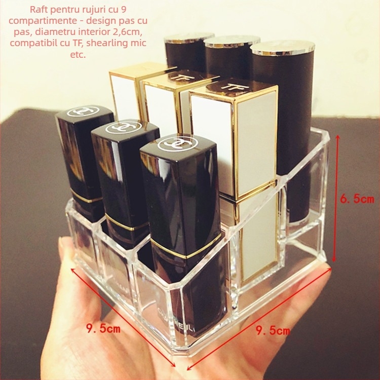 Suport transparent pentru ruj cu grilaj — organizator de makeup pentru birou, raft de stocare luciu de buze, strat unic