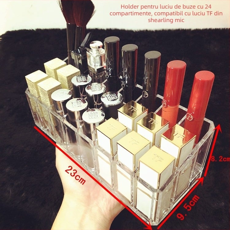 Suport transparent pentru ruj cu grilaj — organizator de makeup pentru birou, raft de stocare luciu de buze, strat unic