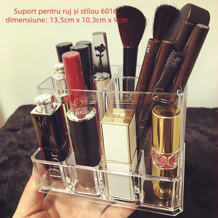 Suport transparent pentru ruj cu grilaj — organizator de makeup pentru birou, raft de stocare luciu de buze, strat unic