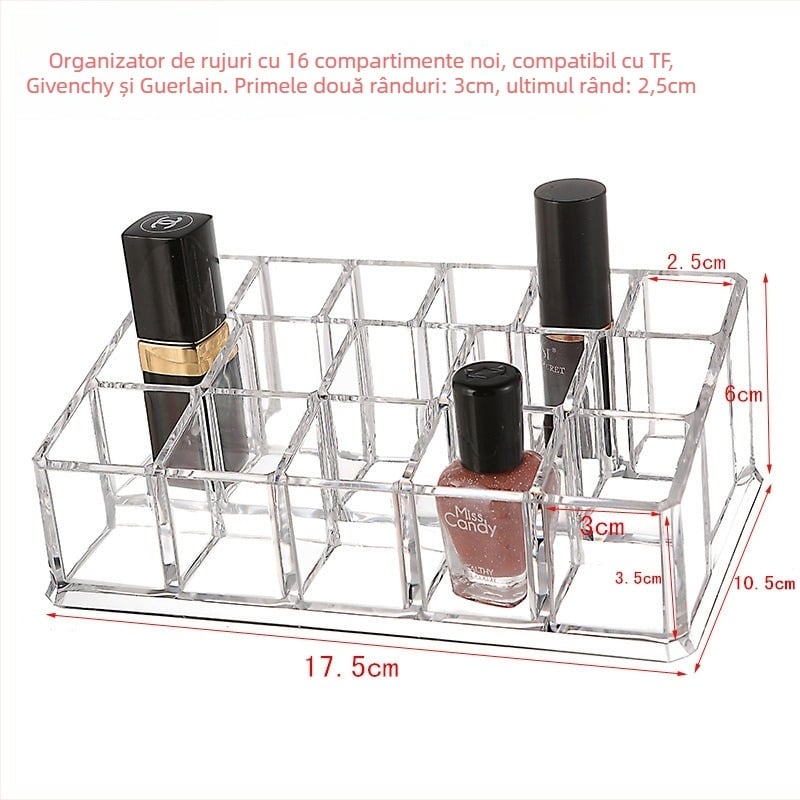 Suport transparent pentru ruj cu grilaj — organizator de makeup pentru birou, raft de stocare luciu de buze, strat unic