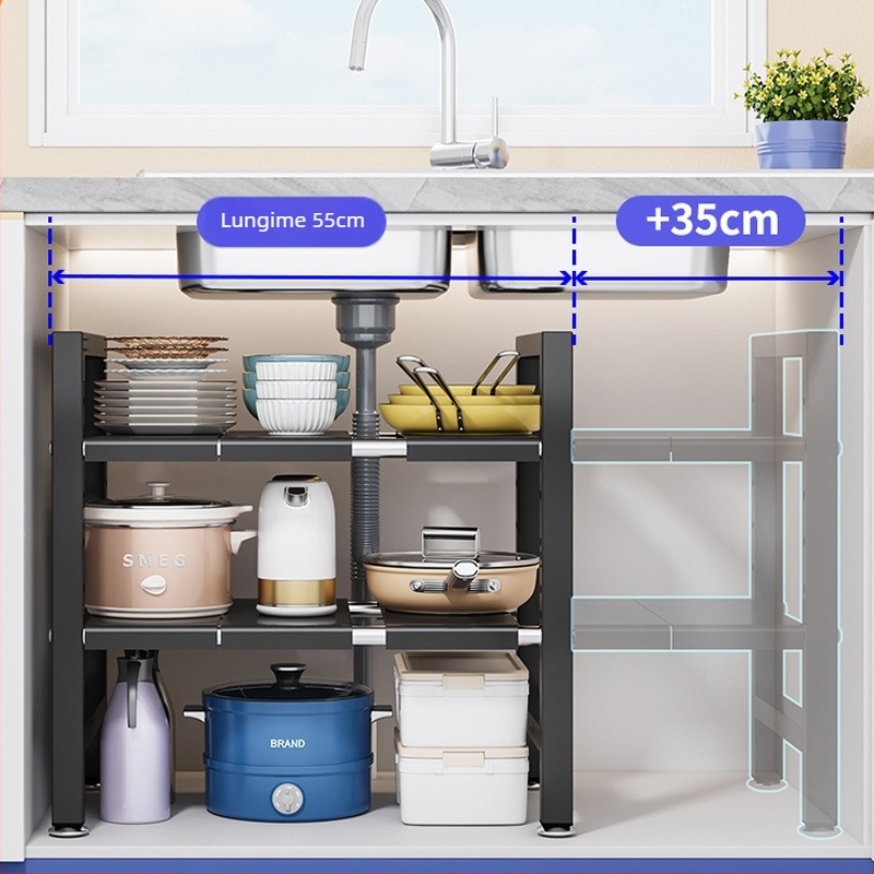 Raft extensibil pentru chiuvetă – Organizator multifuncțional pentru oale, depozitare în interiorul dulapului, oțel carbon, stil modern minimalist