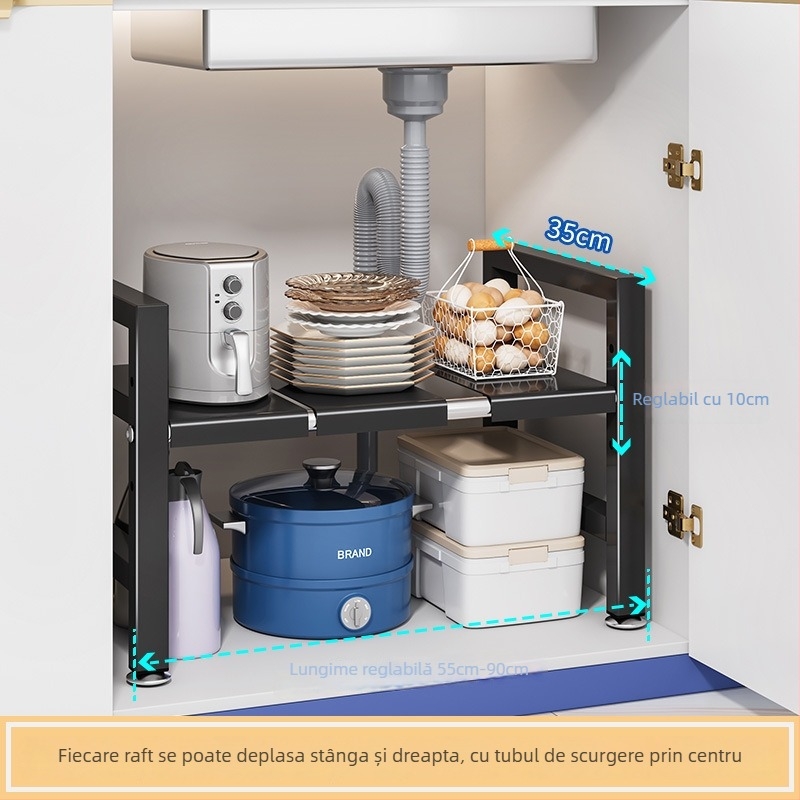 Raft extensibil pentru chiuvetă – Organizator multifuncțional pentru oale, depozitare în interiorul dulapului, oțel carbon, stil modern minimalist