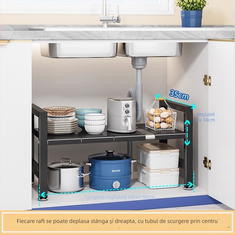 Raft extensibil pentru chiuvetă – Organizator multifuncțional pentru oale, depozitare în interiorul dulapului, oțel carbon, stil modern minimalist