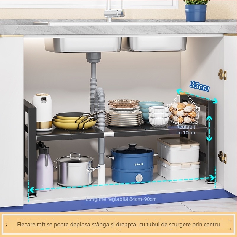 Raft extensibil pentru chiuvetă – Organizator multifuncțional pentru oale, depozitare în interiorul dulapului, oțel carbon, stil modern minimalist