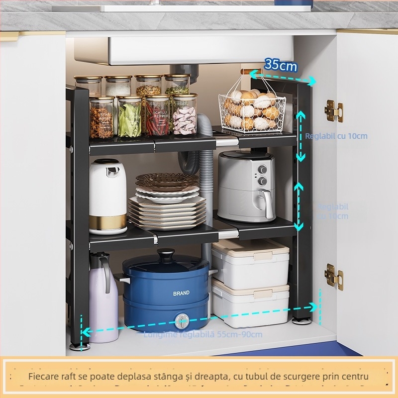 Raft extensibil pentru chiuvetă – Organizator multifuncțional pentru oale, depozitare în interiorul dulapului, oțel carbon, stil modern minimalist