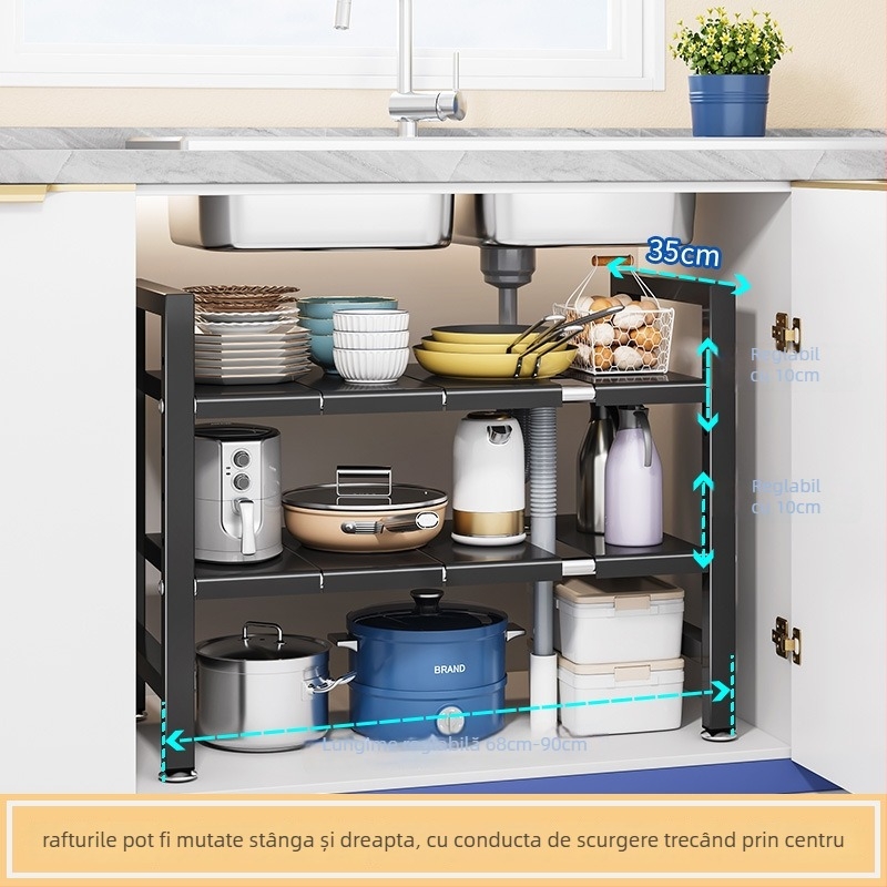 Raft extensibil pentru chiuvetă – Organizator multifuncțional pentru oale, depozitare în interiorul dulapului, oțel carbon, stil modern minimalist