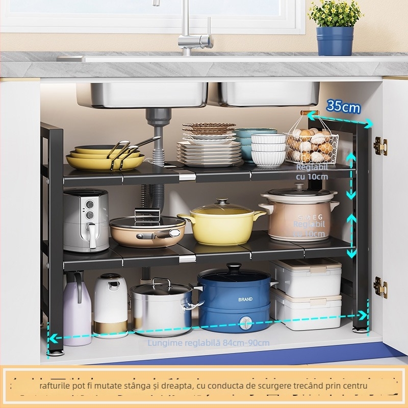 Raft extensibil pentru chiuvetă – Organizator multifuncțional pentru oale, depozitare în interiorul dulapului, oțel carbon, stil modern minimalist