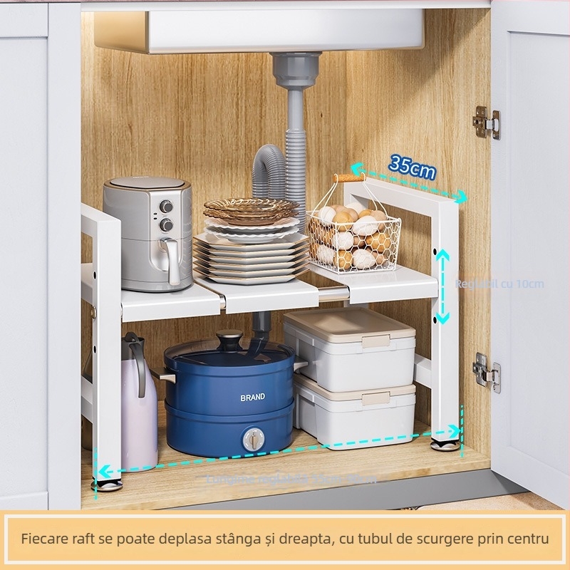 Raft extensibil pentru chiuvetă – Organizator multifuncțional pentru oale, depozitare în interiorul dulapului, oțel carbon, stil modern minimalist