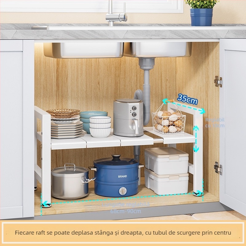 Raft extensibil pentru chiuvetă – Organizator multifuncțional pentru oale, depozitare în interiorul dulapului, oțel carbon, stil modern minimalist