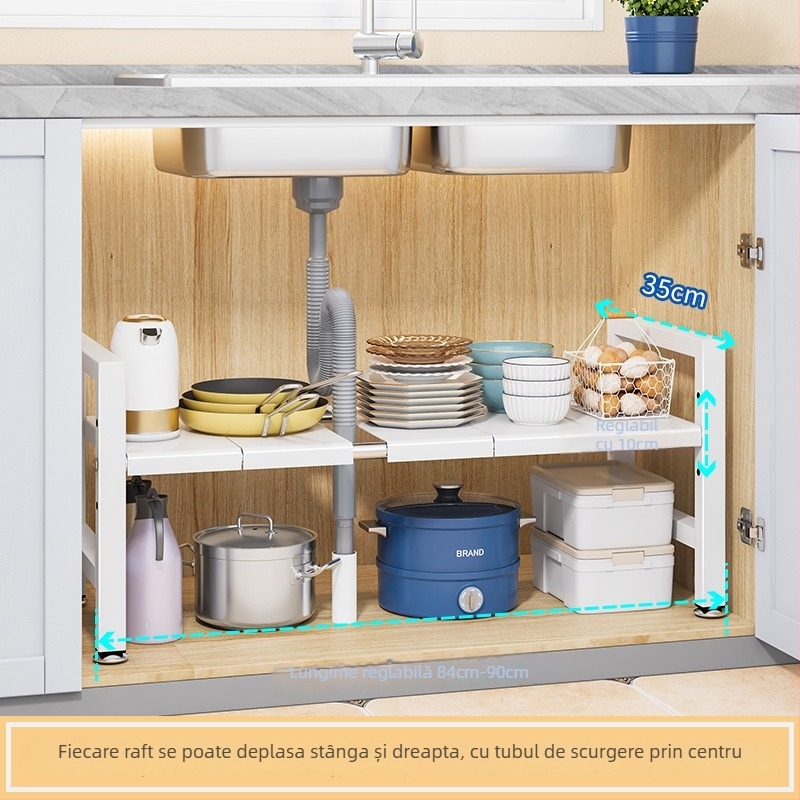 Raft extensibil pentru chiuvetă – Organizator multifuncțional pentru oale, depozitare în interiorul dulapului, oțel carbon, stil modern minimalist