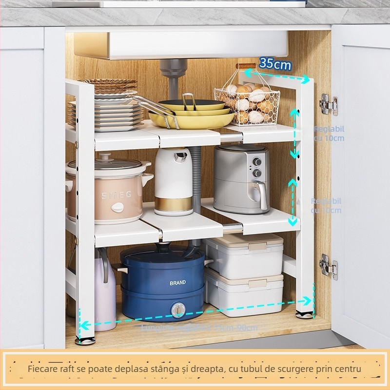Raft extensibil pentru chiuvetă – Organizator multifuncțional pentru oale, depozitare în interiorul dulapului, oțel carbon, stil modern minimalist