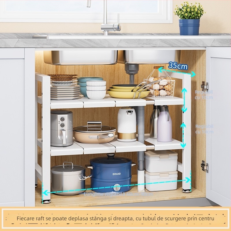 Raft extensibil pentru chiuvetă – Organizator multifuncțional pentru oale, depozitare în interiorul dulapului, oțel carbon, stil modern minimalist