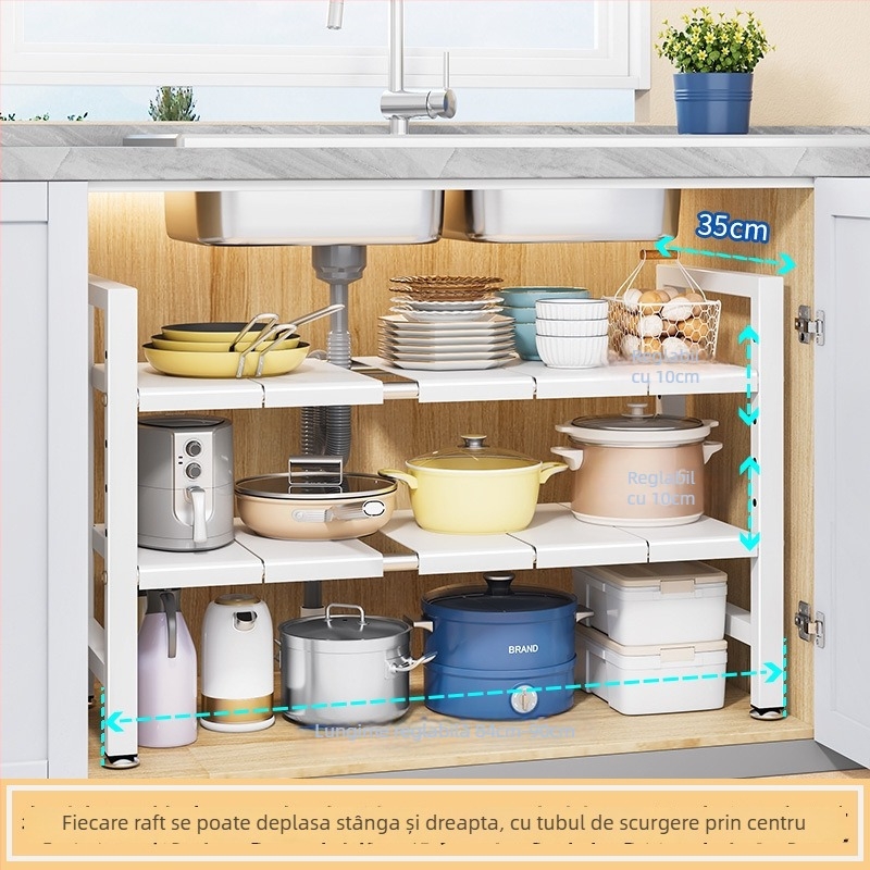 Raft extensibil pentru chiuvetă – Organizator multifuncțional pentru oale, depozitare în interiorul dulapului, oțel carbon, stil modern minimalist