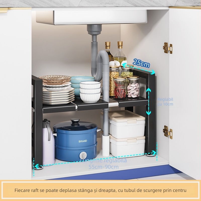 Raft extensibil pentru chiuvetă – Organizator multifuncțional pentru oale, depozitare în interiorul dulapului, oțel carbon, stil modern minimalist