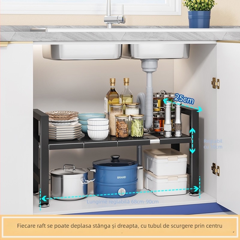 Raft extensibil pentru chiuvetă – Organizator multifuncțional pentru oale, depozitare în interiorul dulapului, oțel carbon, stil modern minimalist