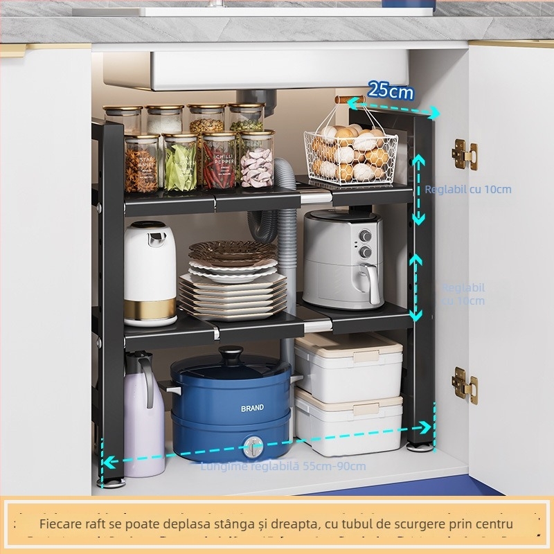 Raft extensibil pentru chiuvetă – Organizator multifuncțional pentru oale, depozitare în interiorul dulapului, oțel carbon, stil modern minimalist