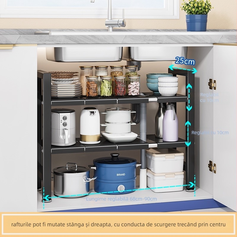 Raft extensibil pentru chiuvetă – Organizator multifuncțional pentru oale, depozitare în interiorul dulapului, oțel carbon, stil modern minimalist