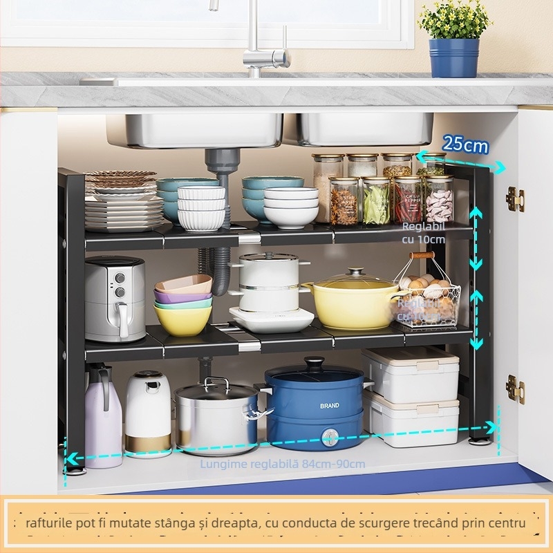 Raft extensibil pentru chiuvetă – Organizator multifuncțional pentru oale, depozitare în interiorul dulapului, oțel carbon, stil modern minimalist