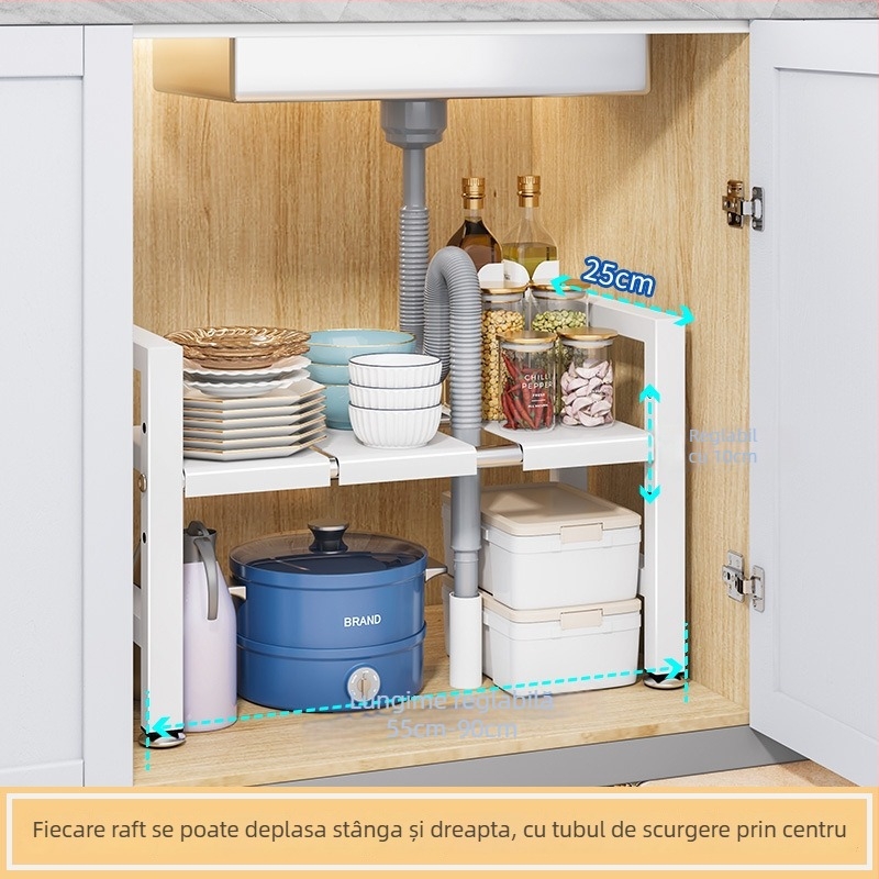 Raft extensibil pentru chiuvetă – Organizator multifuncțional pentru oale, depozitare în interiorul dulapului, oțel carbon, stil modern minimalist