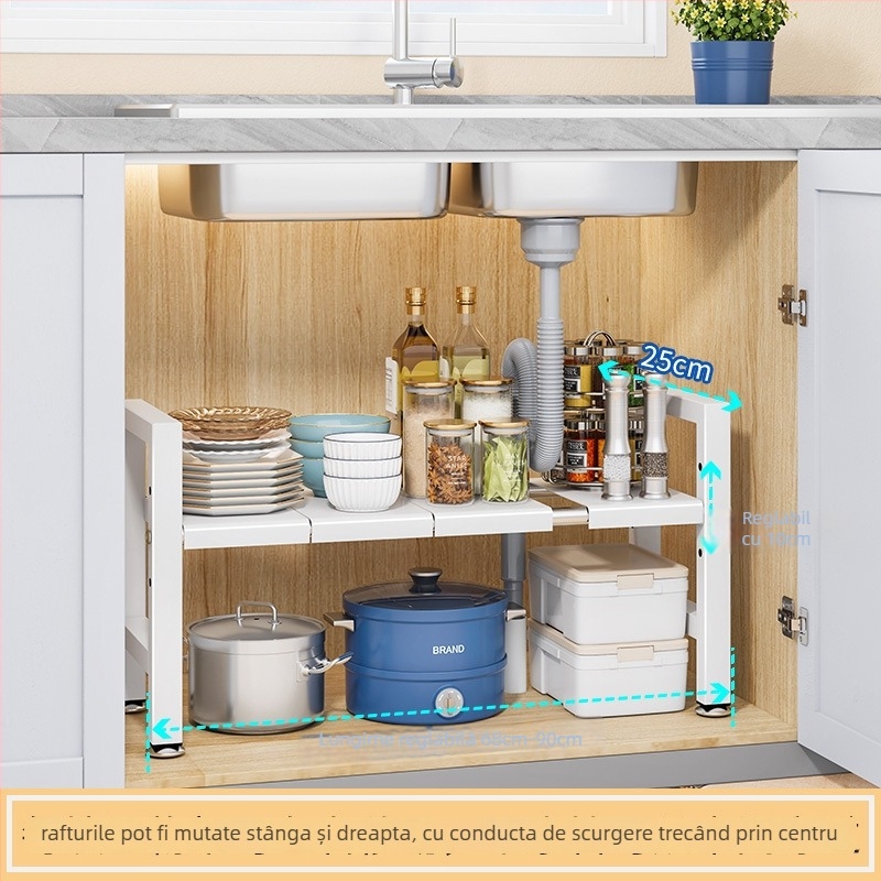 Raft extensibil pentru chiuvetă – Organizator multifuncțional pentru oale, depozitare în interiorul dulapului, oțel carbon, stil modern minimalist
