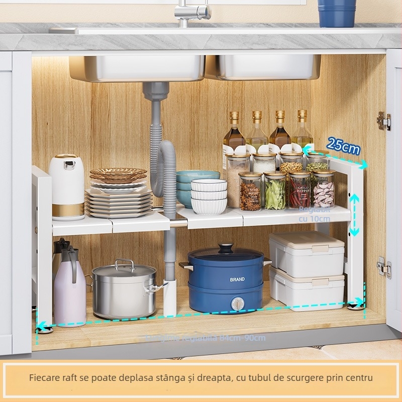 Raft extensibil pentru chiuvetă – Organizator multifuncțional pentru oale, depozitare în interiorul dulapului, oțel carbon, stil modern minimalist