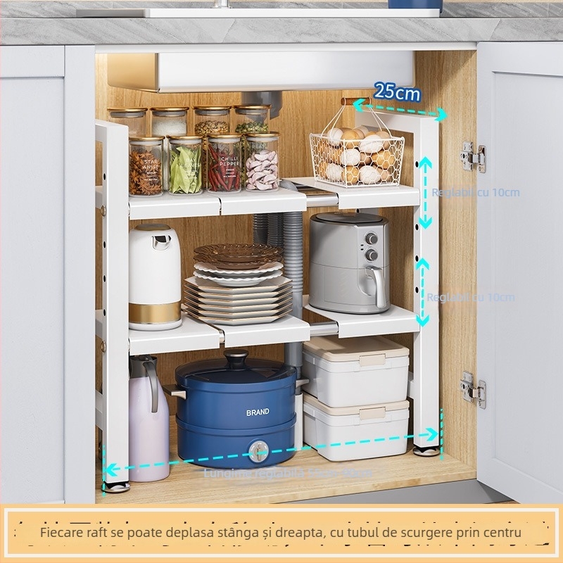 Raft extensibil pentru chiuvetă – Organizator multifuncțional pentru oale, depozitare în interiorul dulapului, oțel carbon, stil modern minimalist