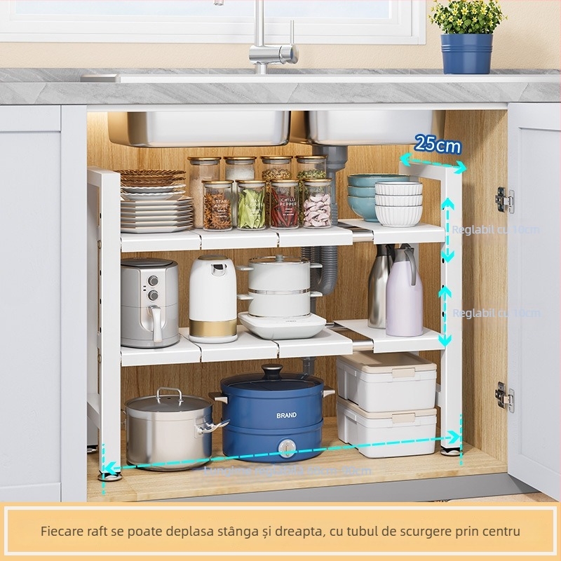 Raft extensibil pentru chiuvetă – Organizator multifuncțional pentru oale, depozitare în interiorul dulapului, oțel carbon, stil modern minimalist
