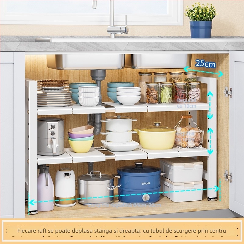 Raft extensibil pentru chiuvetă – Organizator multifuncțional pentru oale, depozitare în interiorul dulapului, oțel carbon, stil modern minimalist