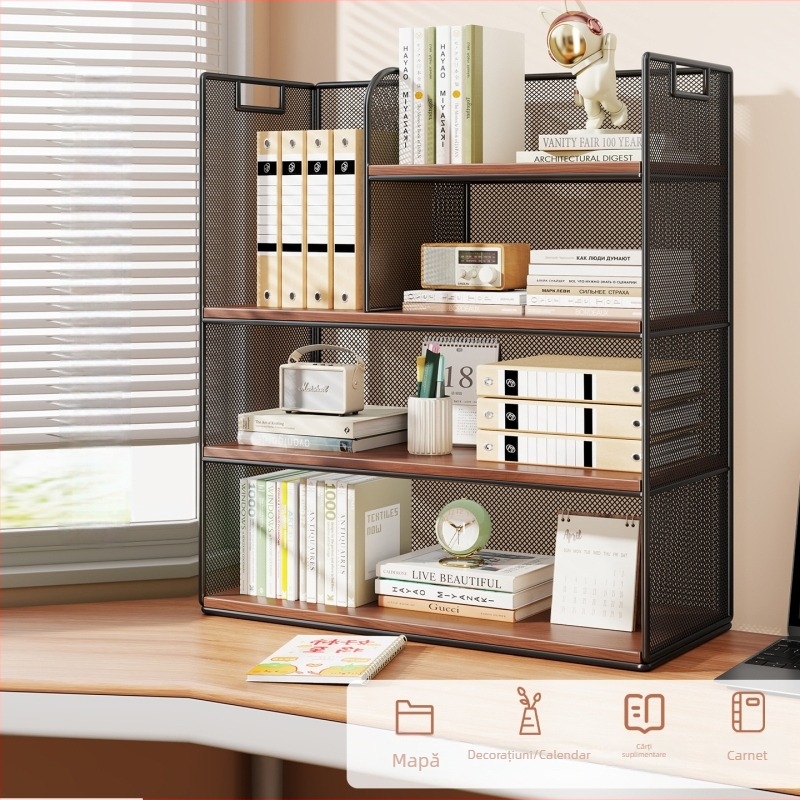 Raft pentru birou — bibliotecă cu mai multe niveluri, cadru metalic + panou din lemn, stil modern minimalist, spațiu universal, multifuncțional