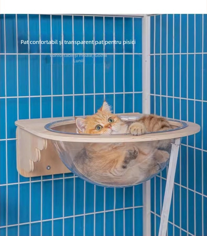 Structură de cățărare pentru pisici din lemn, cu platformă capsulă montată pe perete, economie de spațiu, stâlp de zgâriere și scară, cuib suspendat