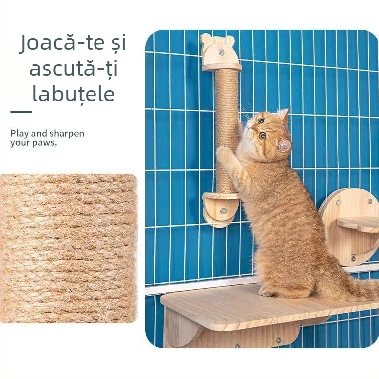 Structură de cățărare pentru pisici din lemn, cu platformă capsulă montată pe perete, economie de spațiu, stâlp de zgâriere și scară, cuib suspendat