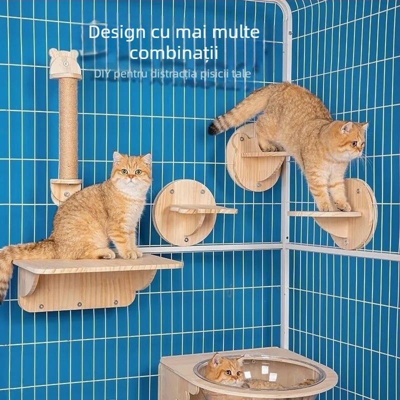 Structură de cățărare pentru pisici din lemn, cu platformă capsulă montată pe perete, economie de spațiu, stâlp de zgâriere și scară, cuib suspendat