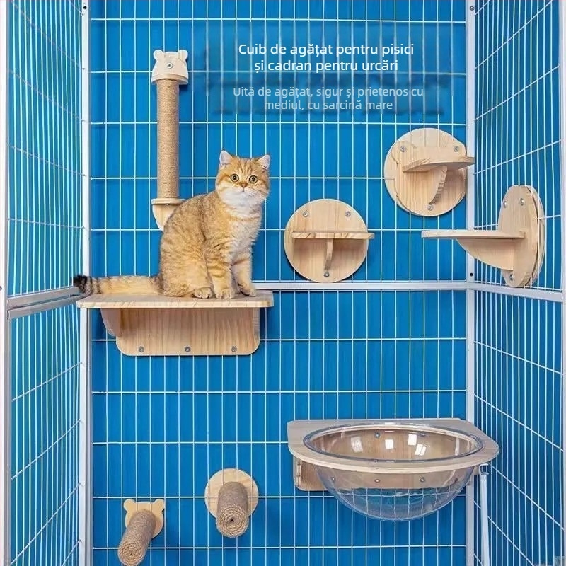 Structură de cățărare pentru pisici din lemn, cu platformă capsulă montată pe perete, economie de spațiu, stâlp de zgâriere și scară, cuib suspendat