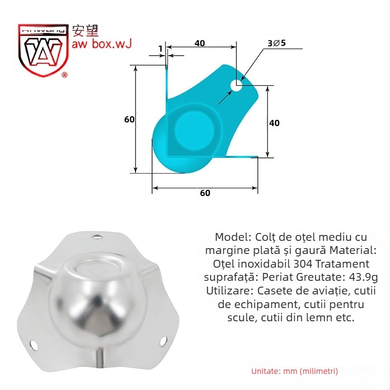 AW Anwang protecție de colț din oțel inoxidabil pentru cutii din lemn, acoperire pe 3 fețe, unghi drept 90°