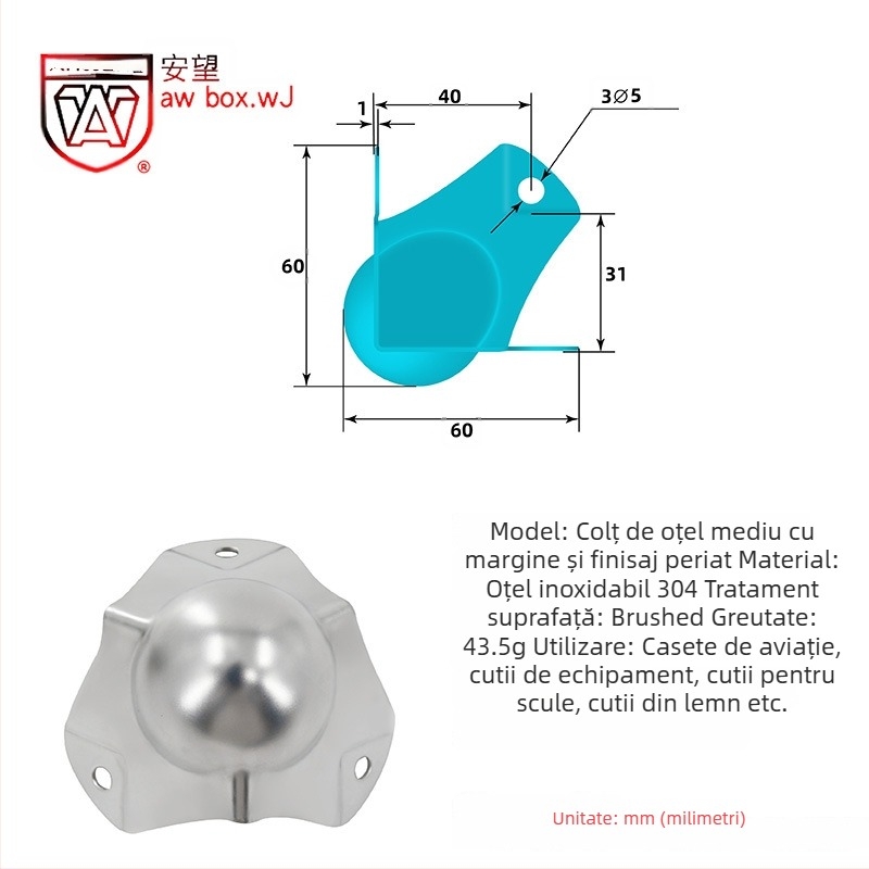 AW Anwang protecție de colț din oțel inoxidabil pentru cutii din lemn, acoperire pe 3 fețe, unghi drept 90°