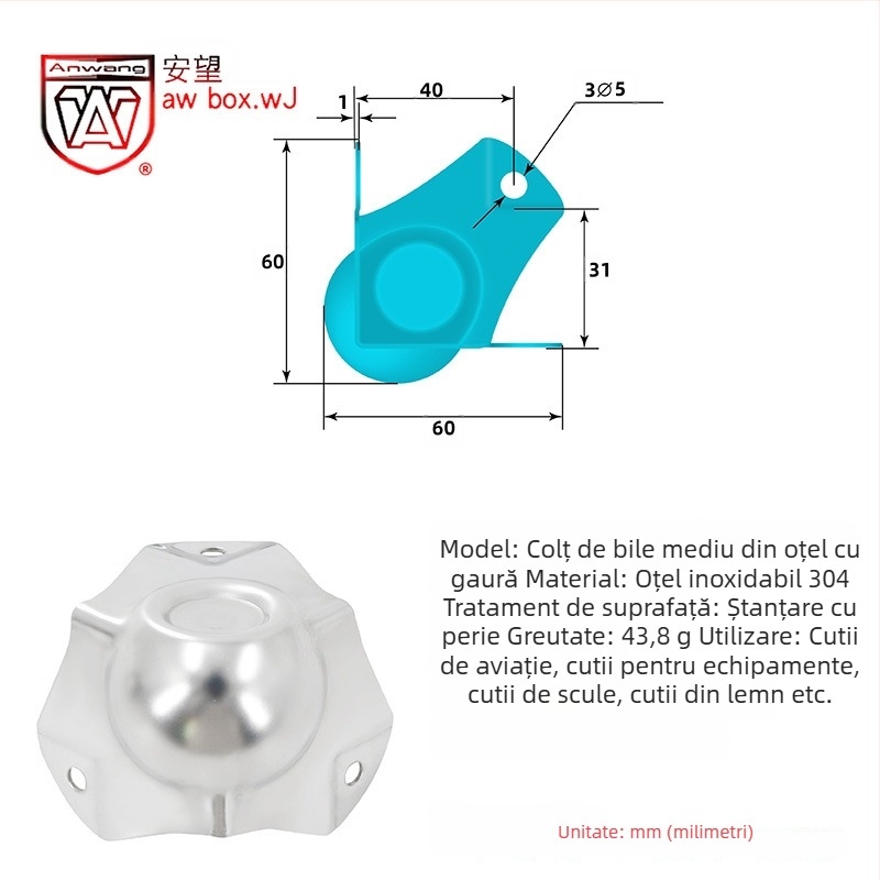 AW Anwang protecție de colț din oțel inoxidabil pentru cutii din lemn, acoperire pe 3 fețe, unghi drept 90°
