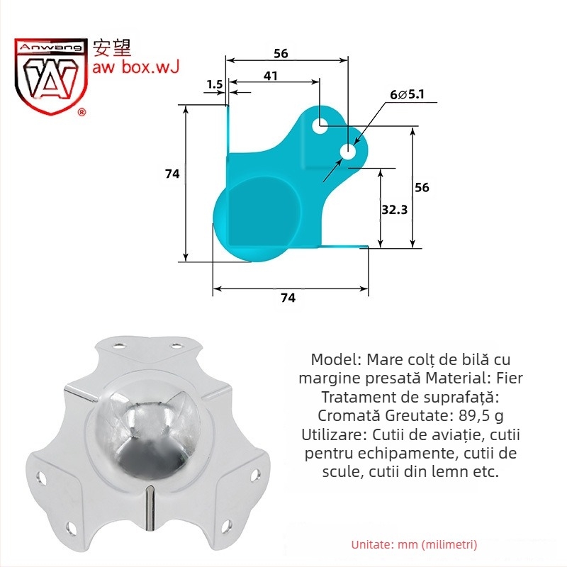 AW Anwang protecție de colț din oțel inoxidabil pentru cutii din lemn, acoperire pe 3 fețe, unghi drept 90°