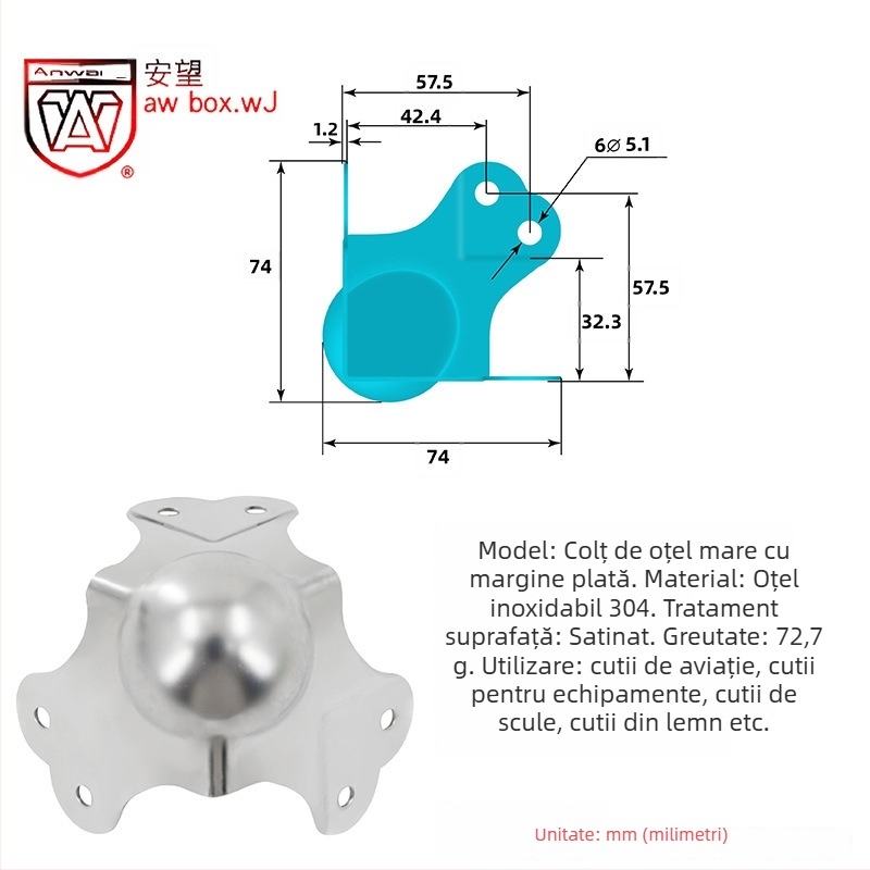 AW Anwang protecție de colț din oțel inoxidabil pentru cutii din lemn, acoperire pe 3 fețe, unghi drept 90°