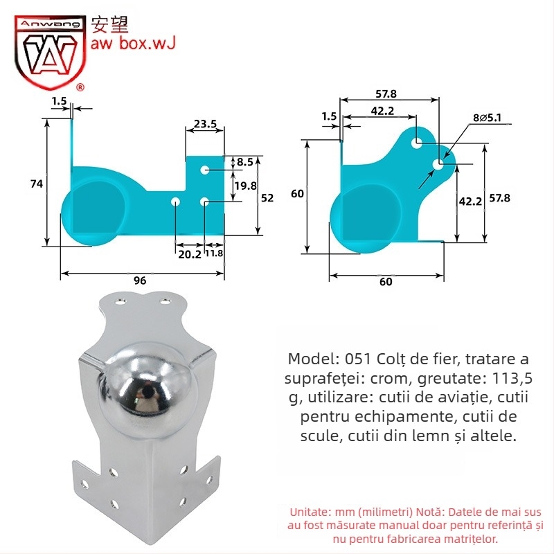 AW Anwang protecție de colț din oțel inoxidabil pentru cutii din lemn, acoperire pe 3 fețe, unghi drept 90°
