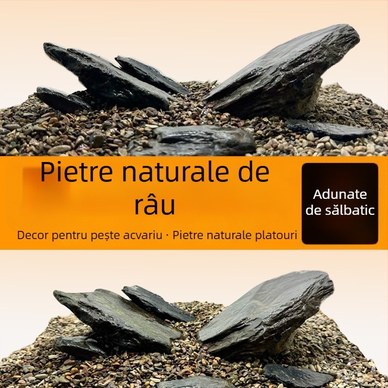Pietre pentru amenajarea acvariului – piatră naturală brută, piatră principală și fragmente de piatră, nisip de fund, cutie cu 60 de bucăți