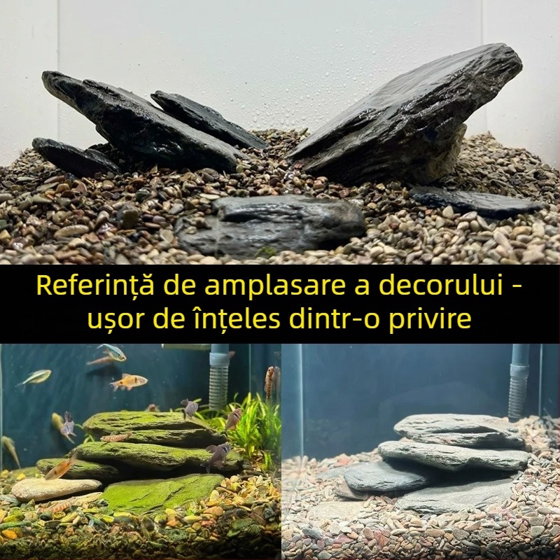 Pietre pentru amenajarea acvariului – piatră naturală brută, piatră principală și fragmente de piatră, nisip de fund, cutie cu 60 de bucăți