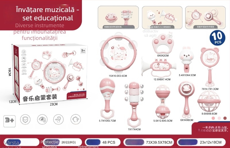 Le zai Tamburină de mână – Jucărie din plastic pentru bebeluși, Jucărie educativă pentru învățarea timpurie, Confort pentru bebeluș, Ambalaj în cutie, Jucărie din plastic 3C