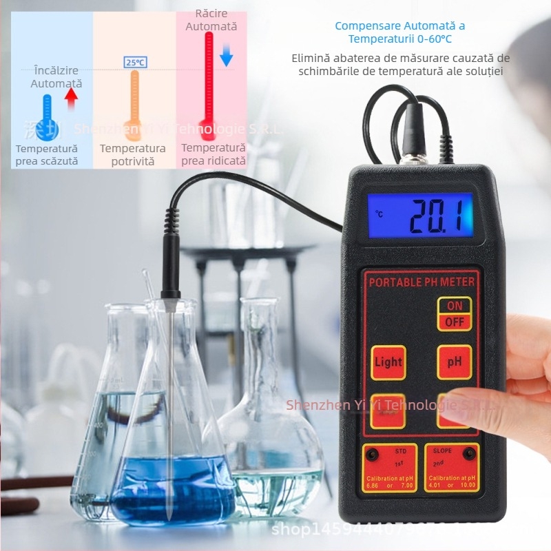 Portabil pH metru cu ORP pentru acvarii și acvacultură, interval pH 0.00-14, ±1999 mV, precizie 0.01 pH, 1 mV, alimentare 9V.