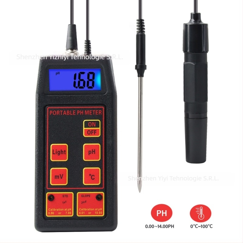 Portabil pH metru cu ORP pentru acvarii și acvacultură, interval pH 0.00-14, ±1999 mV, precizie 0.01 pH, 1 mV, alimentare 9V.
