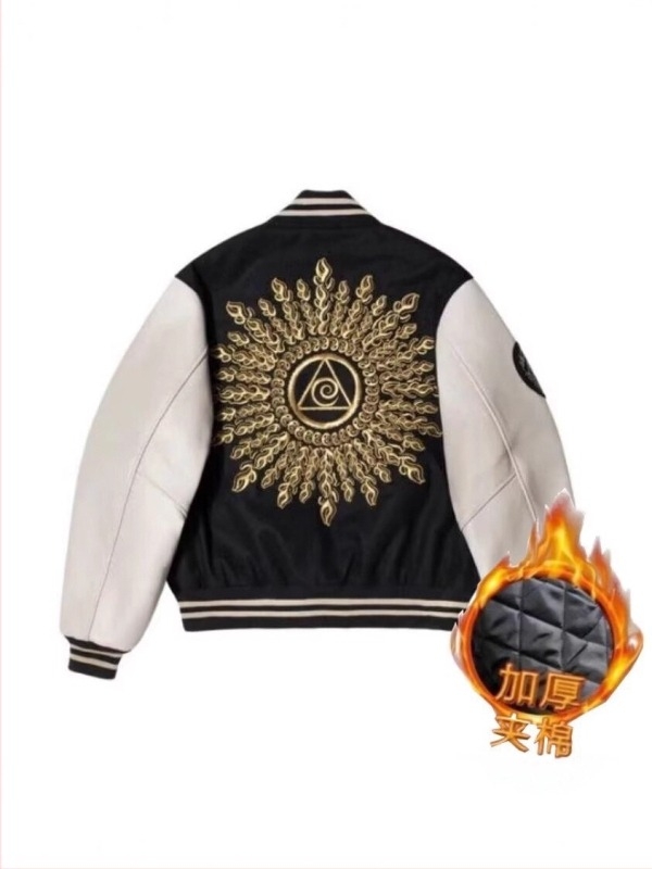 Geacă bomber din PU cu guler înalt, închidere cu nasturi pe un rând, croială liberă, broderie