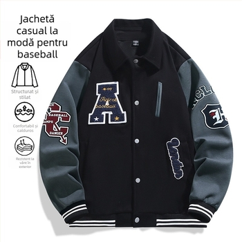Geacă baseball brodată în stil american pentru bărbați, croială lejeră, rever, model cu litere, 70% viscose